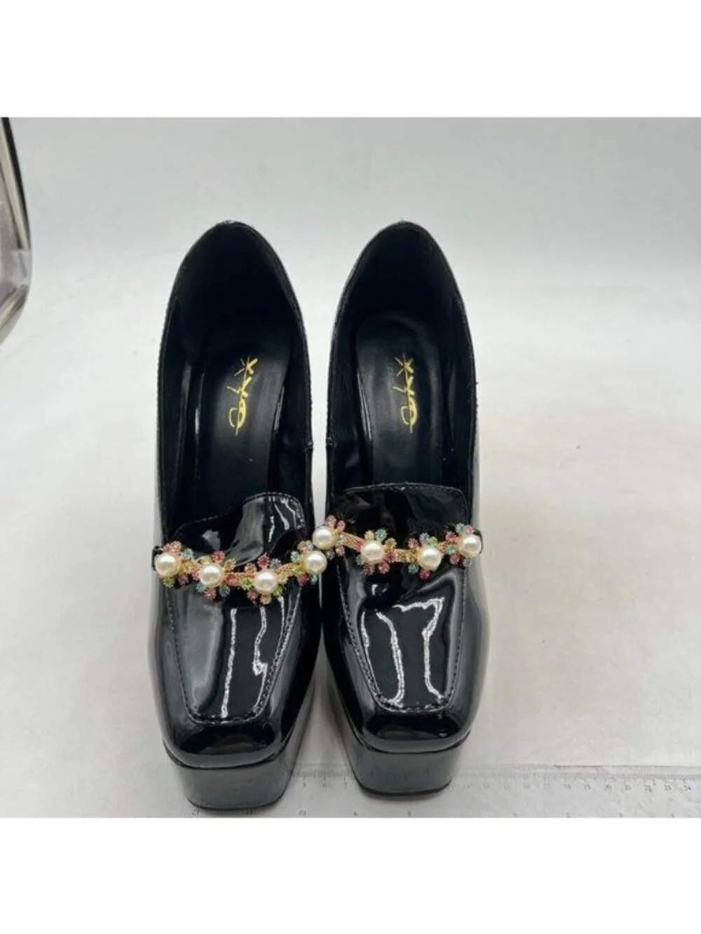 XYD Women Closed Square Toe Pearl Pumps Slip On Rhinestones Platform Black Shoes